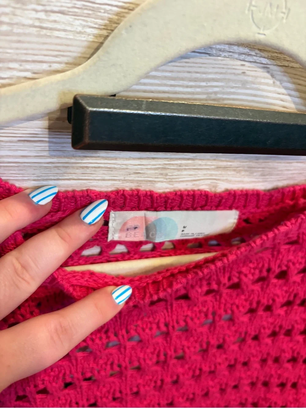 Free People Beach Hot Pink Open Knit Crochet Tie Back Sweater Boho Coastal Top